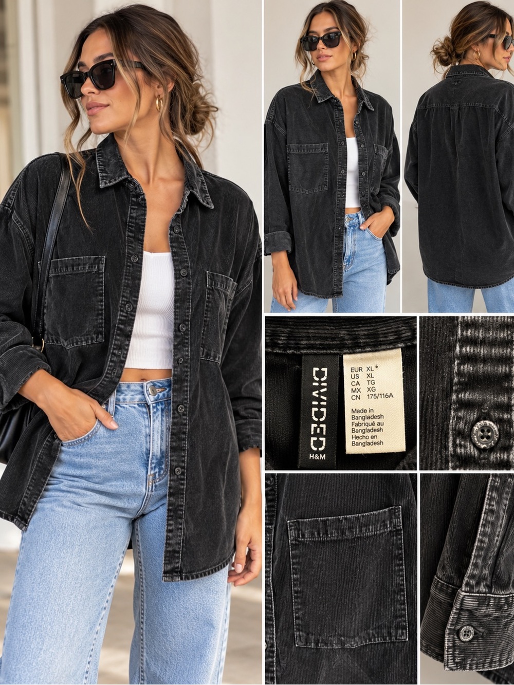 H&M Divided Black Washed Corduroy Oversized Button Down Shirt XL
